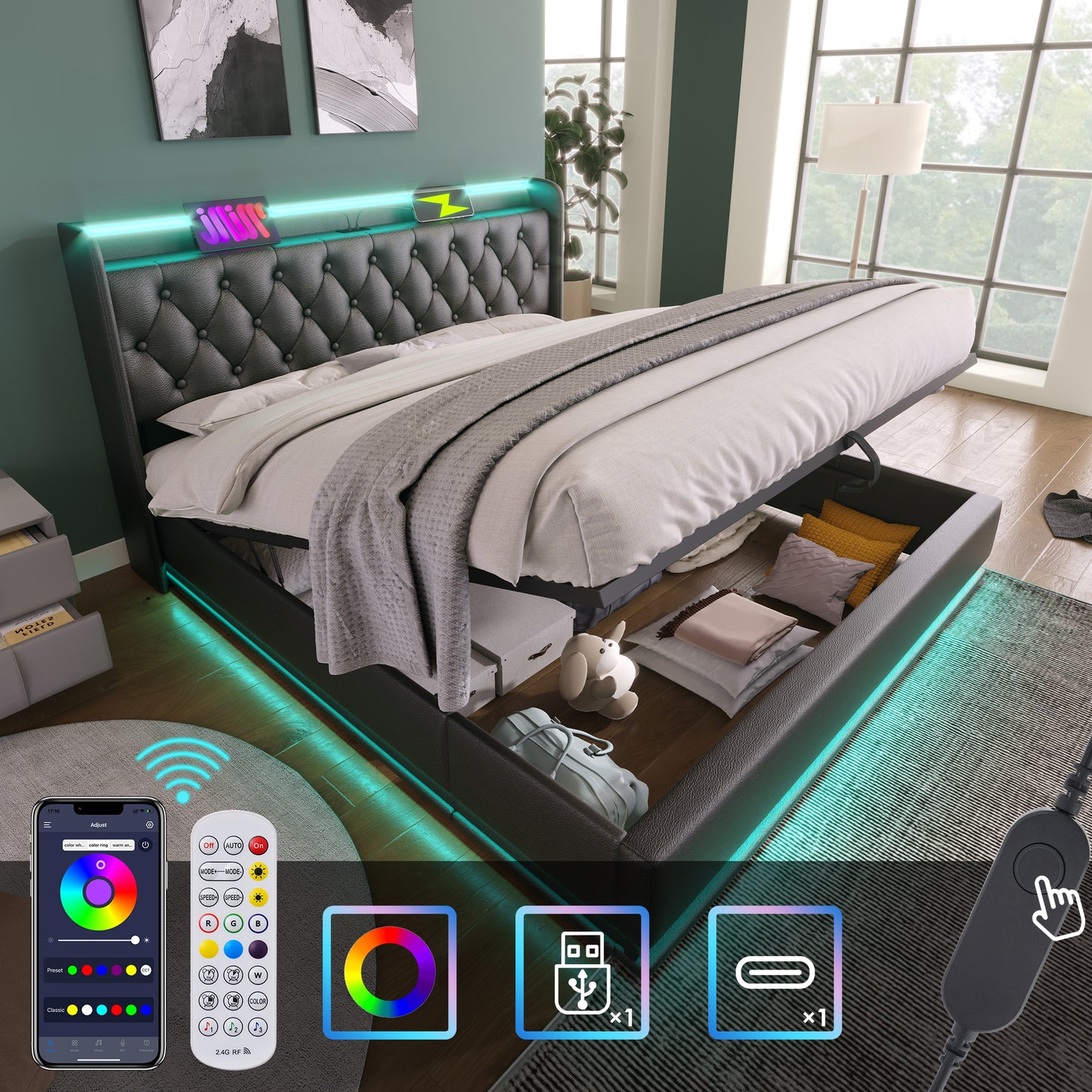 Full size Upholstered bed, 360 surround LED function, Buttons/Apps/Remote Control, hydraulic storage bed with USB Type-C charging, Black,PU (Without mattress)