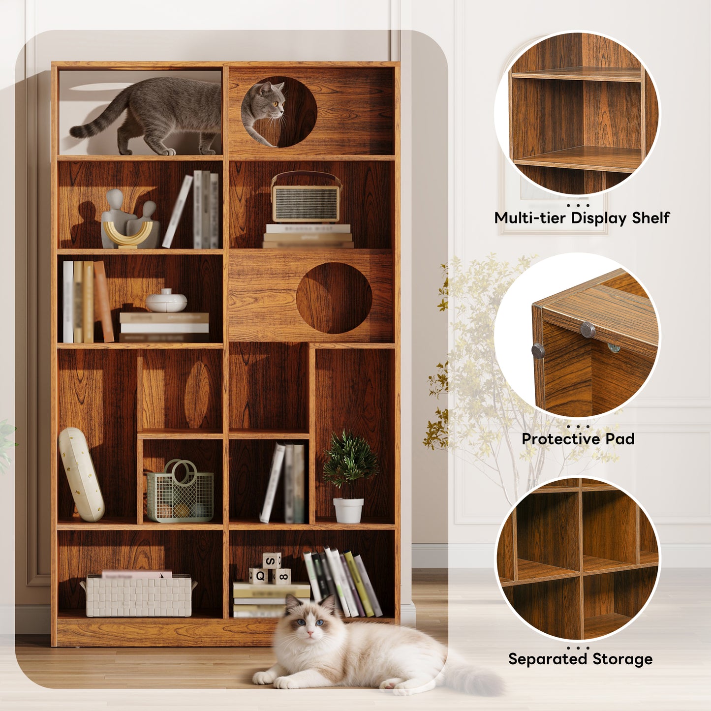 63.5" Brown Mid-Century Cat Bed Bookshelf - Vertical Storage