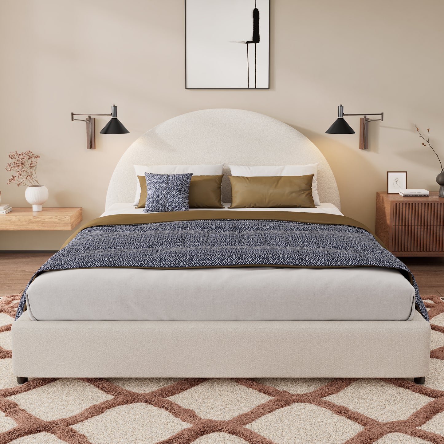Queen Size Bed Frame With Boucle Upholstered Round Curved Headboard, White