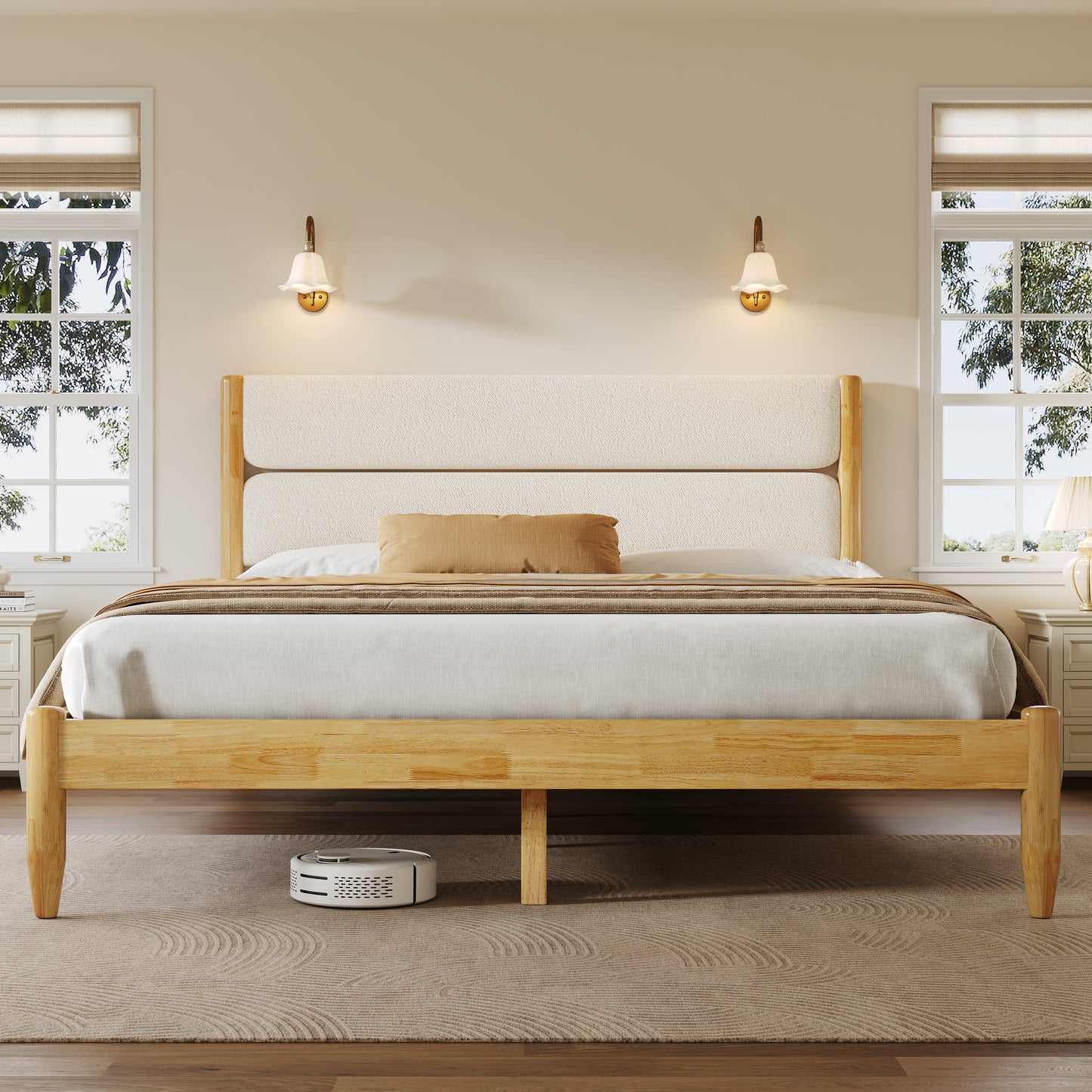 Queen Size Solid Wood Bed Frame With Fleece Upholstered Headboard, Ivory