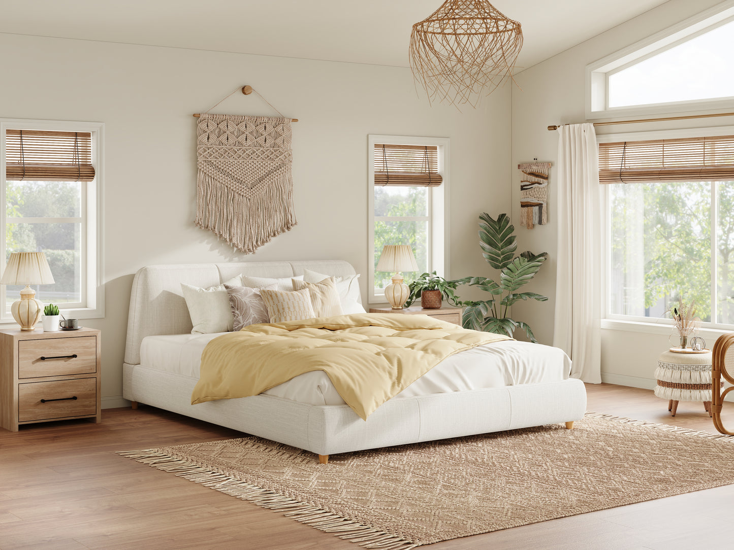 Queen Upholstered Bed Frame Linen White Solid Wood Legs