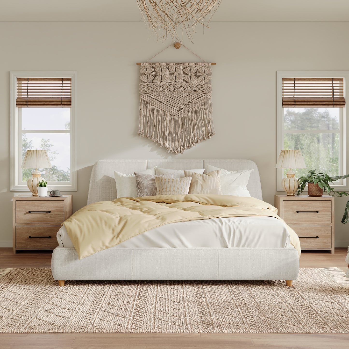 Queen Size Modern Upholstered Bed Frame with Linen Fabric and Solid Wood Legs, White