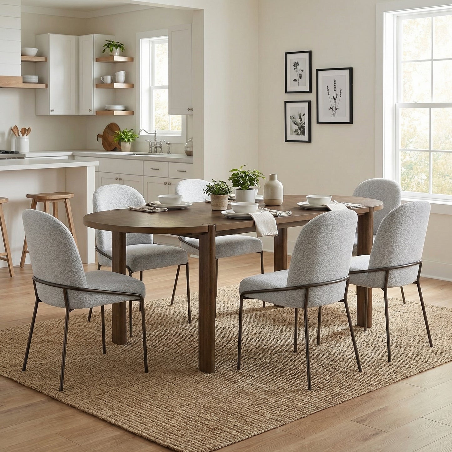 7 Pieces Modern Oval Dining Set, Rustic Farmhouse Solid Wood Kitchen Table Set for 6, 71'' Large Luxury Retro Country Dinner Set with Light Gray Chairs, for Dining Room, Kitchen, Home Office, Walnut