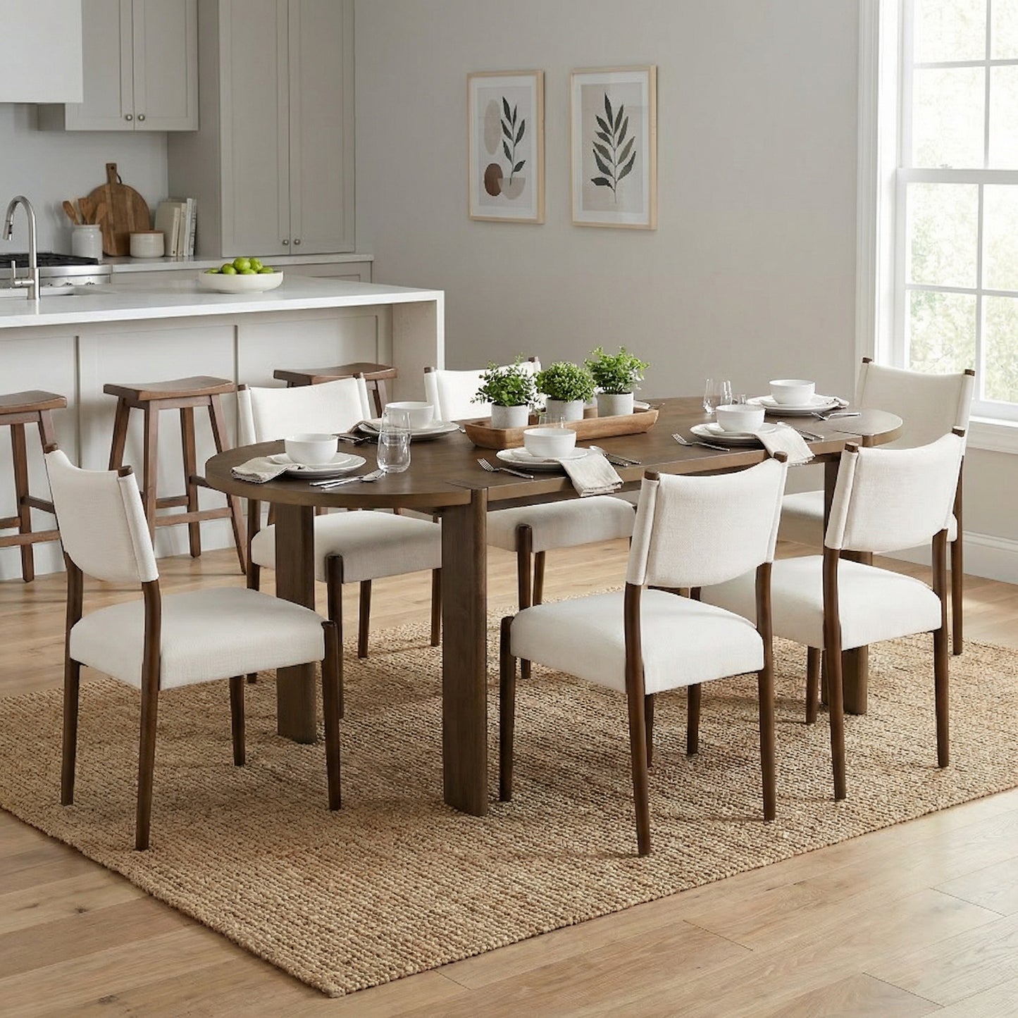 7 Pieces Modern Oval Dining Set, Rustic Farmhouse Solid Wood Kitchen Table Set for 6, 71'' Large Luxury Retro Country Dinner Set with Espresso Chairs, for Dining Room,Kitchen, Walnut