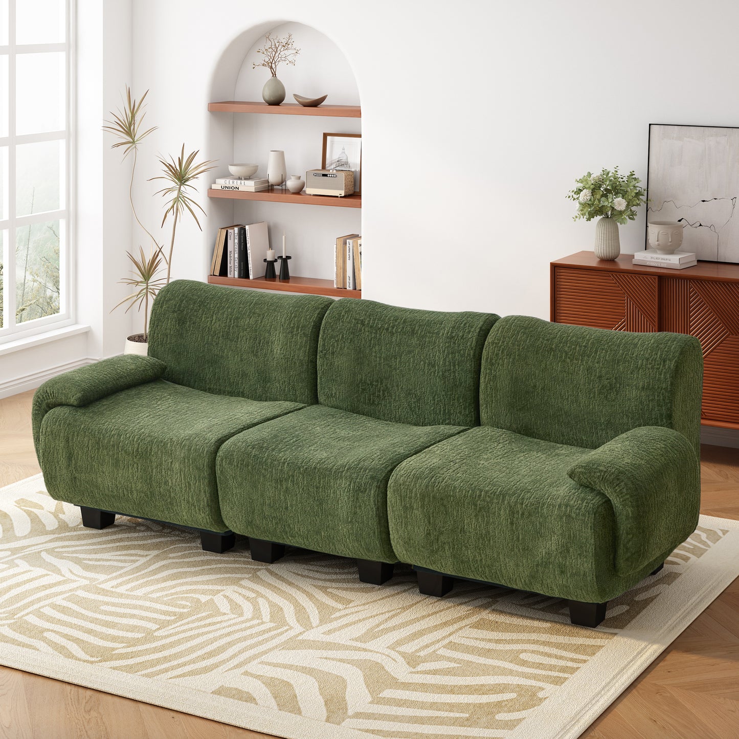 Modern 3-seater Sofa 94.5" Sofa Couch Chenille Upholstered Sofa with Curved Armrests for Living Room, Apartment, Guest Room, Green