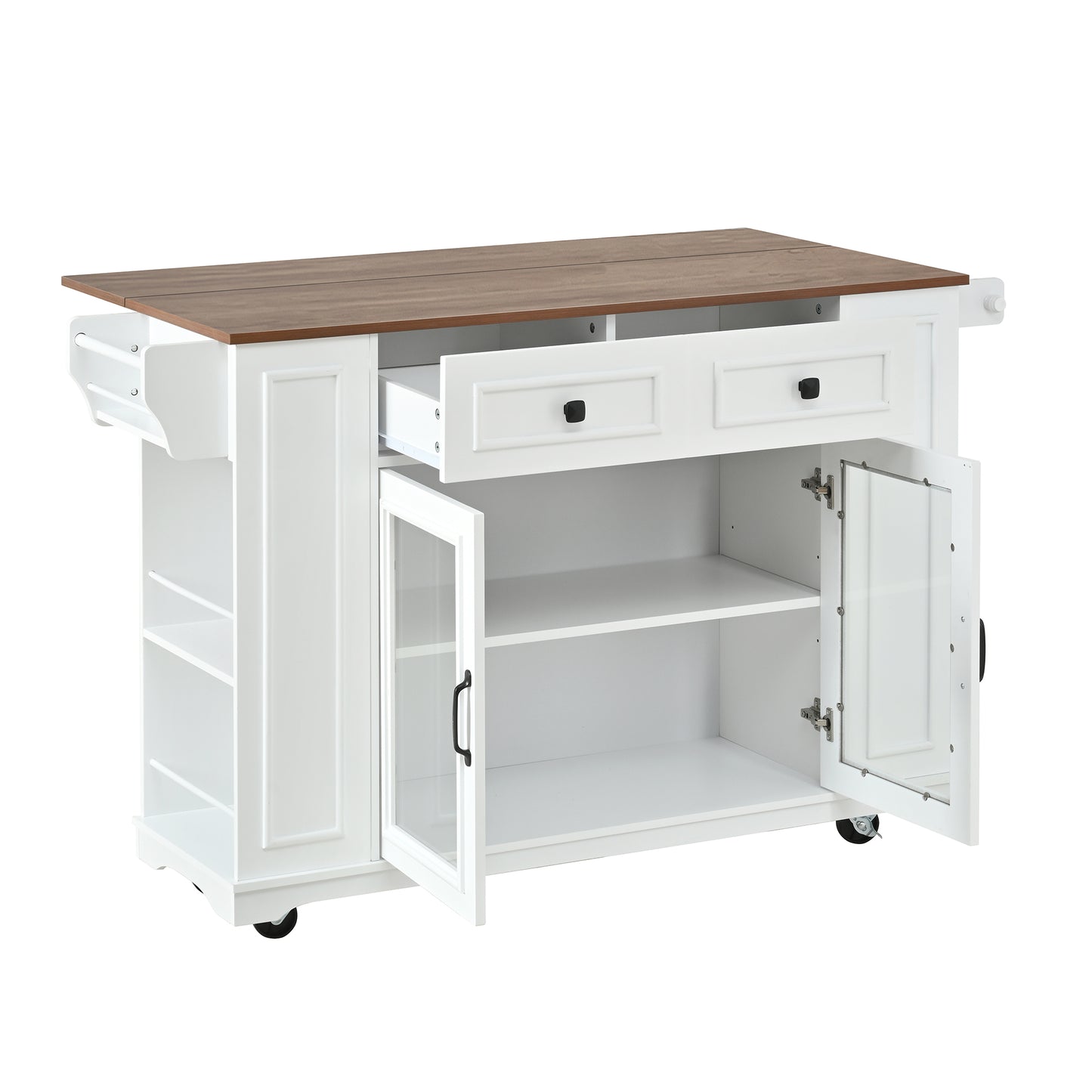 54" Mobile Kitchen Island - White+Walnut, Power Outlet & Storage