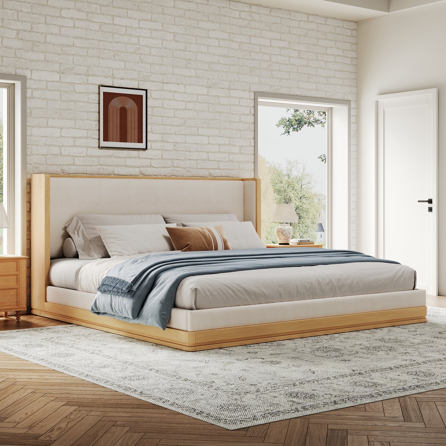 Mid-Century Modern Wood & Beige Upholstered Platform Bed,Queen