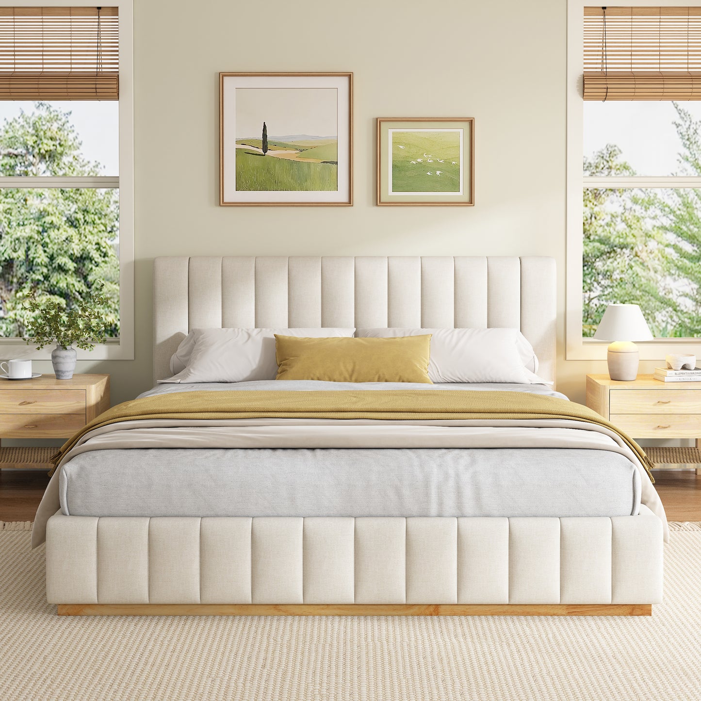 Modern, Minimalist, and Elegant Striped Fabric Bed,Beige, King