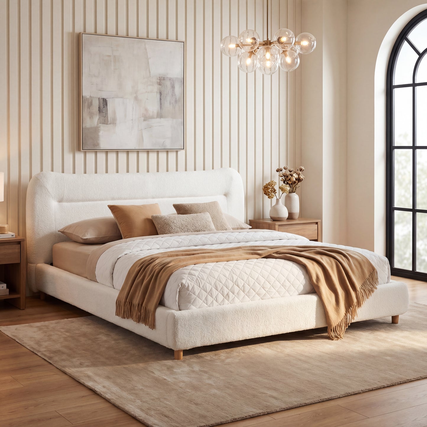 Minimalist curved headboard teddy bear plush bed, King, Cream