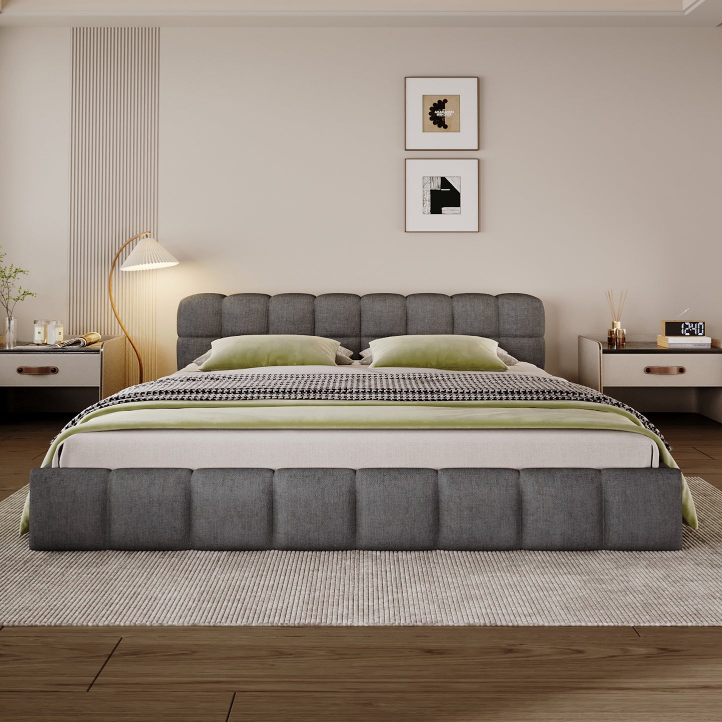 Elegant Beige Chenille Upholstered Bed with Checkerboard Design, King, Grey