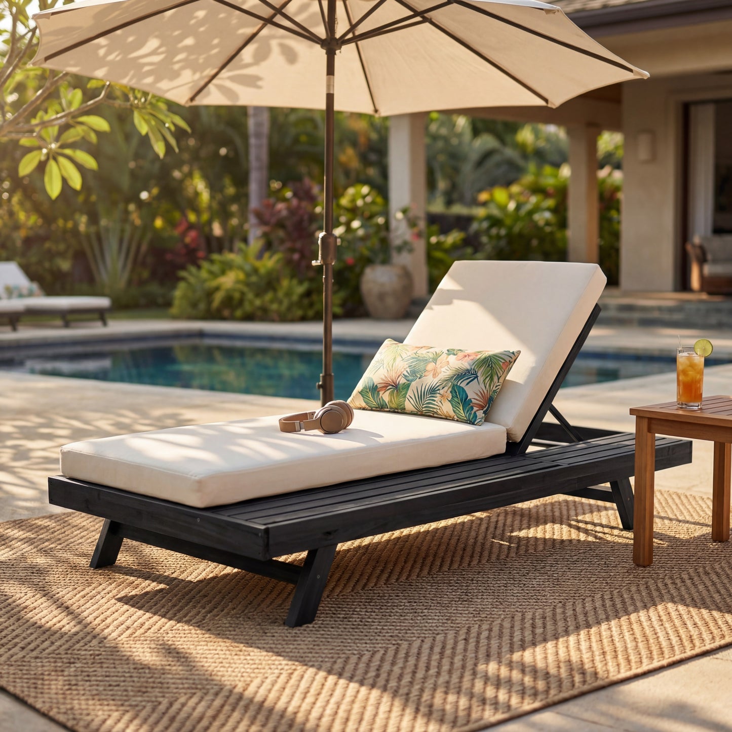 Lounge Chaise Set, Space Available On One Side, Acacia Wood In Black With Water-Resistant Lounge Cushions (Cream & 4 Inch Thick) – Matching Dark Grey Version Available