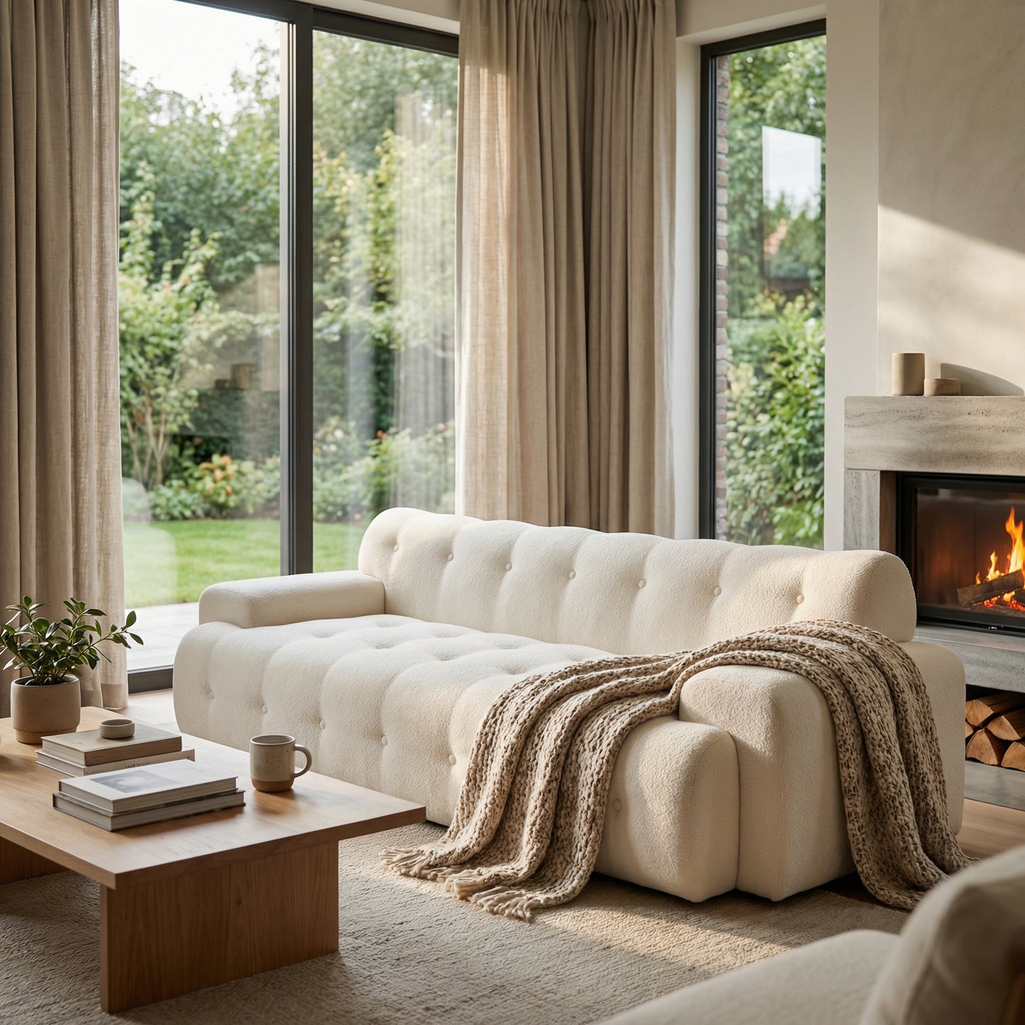 3 Seat White Chenille Sofa - 88 Inch Comfy Couch for Living Room
