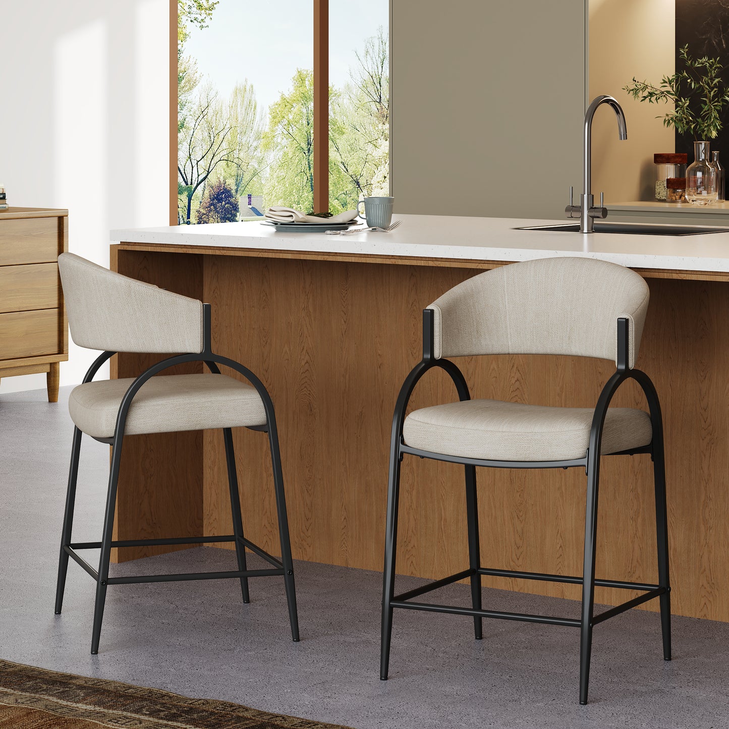 25'' Seat Height Modern Fabric Bar Stools with Back, Black Metal Frame, Comfortable Counter Stools for Kitchen Island/Dining Room, Set of 2 (Beige)
