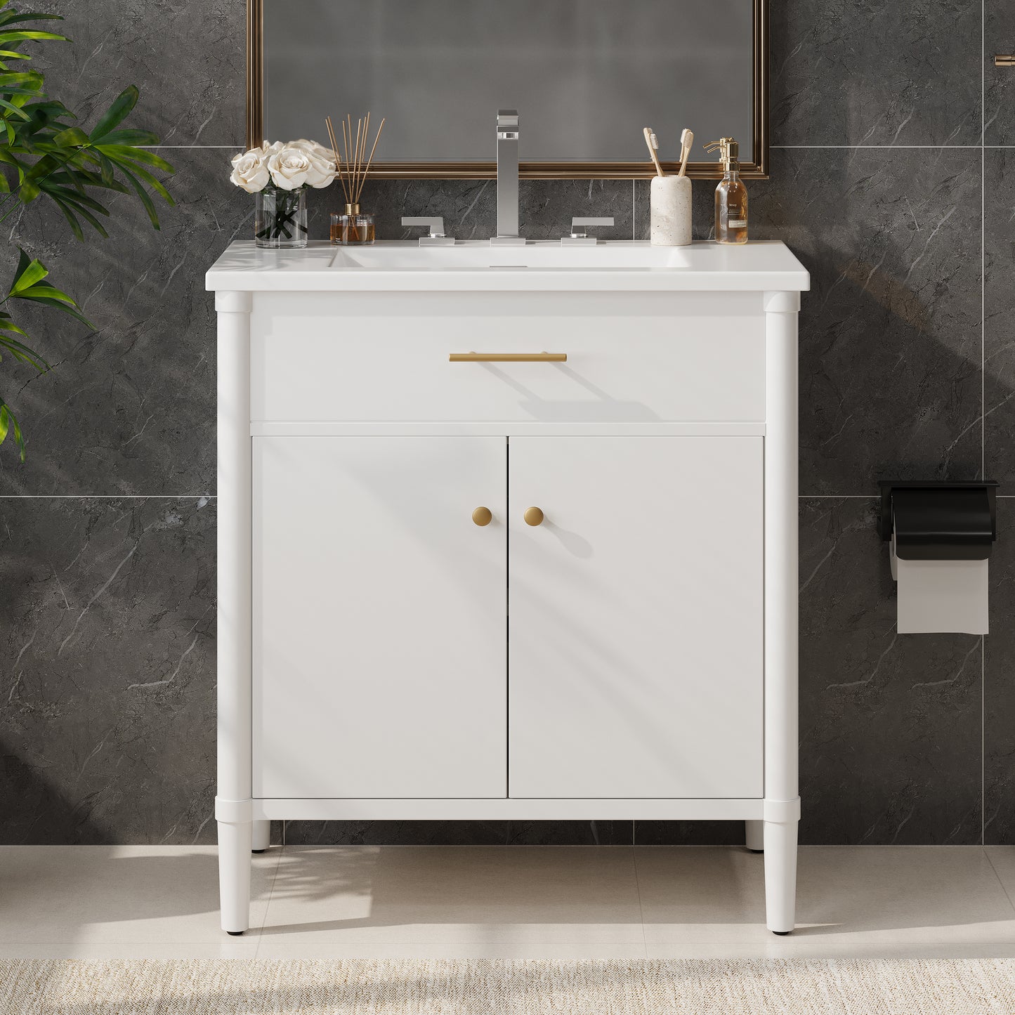 30 Inches Bathroom Vanity with Sink, Bathroom Cabinet with Soft Close Doors and Adjustable Shelf, Curved Profile Design, Rubber Wood Legs, White