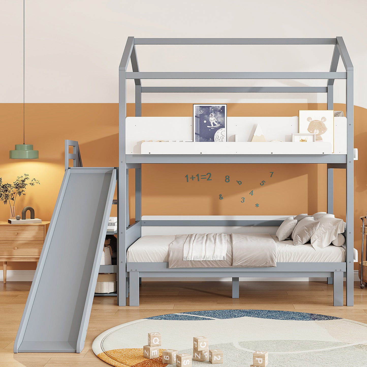 House-Shaped Bunk Bed with Slide - Twin/Full Storage