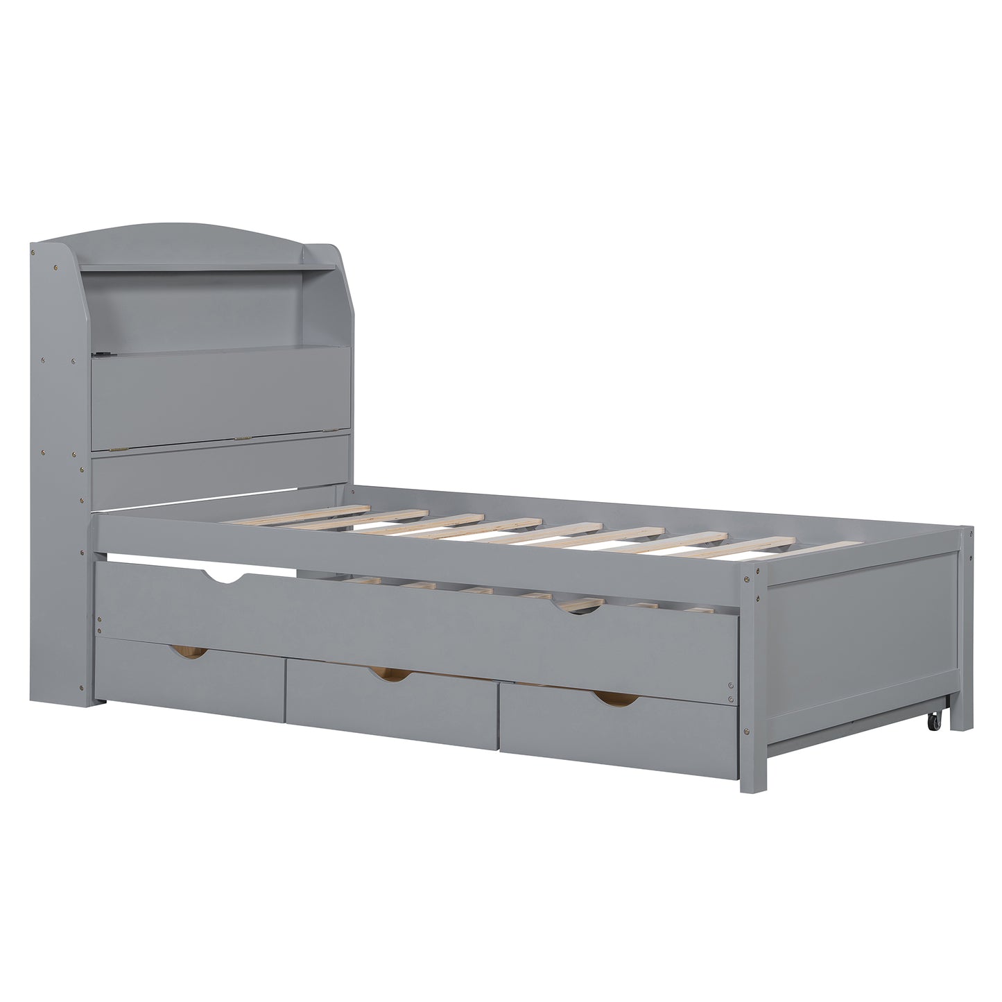 Twin Size Gray Plywood Bed with Trundle & Storage
