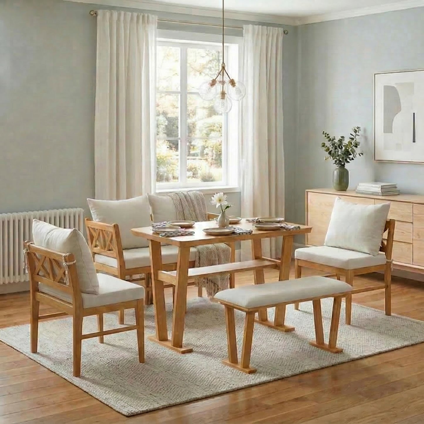 Small Farmhouse Solid Wood Kitchen Nook Dining Room Breakfast Nook Table Set for 6, Space Saving High Top Corner Dining Table with Bench and Chairs (6 Piece)
