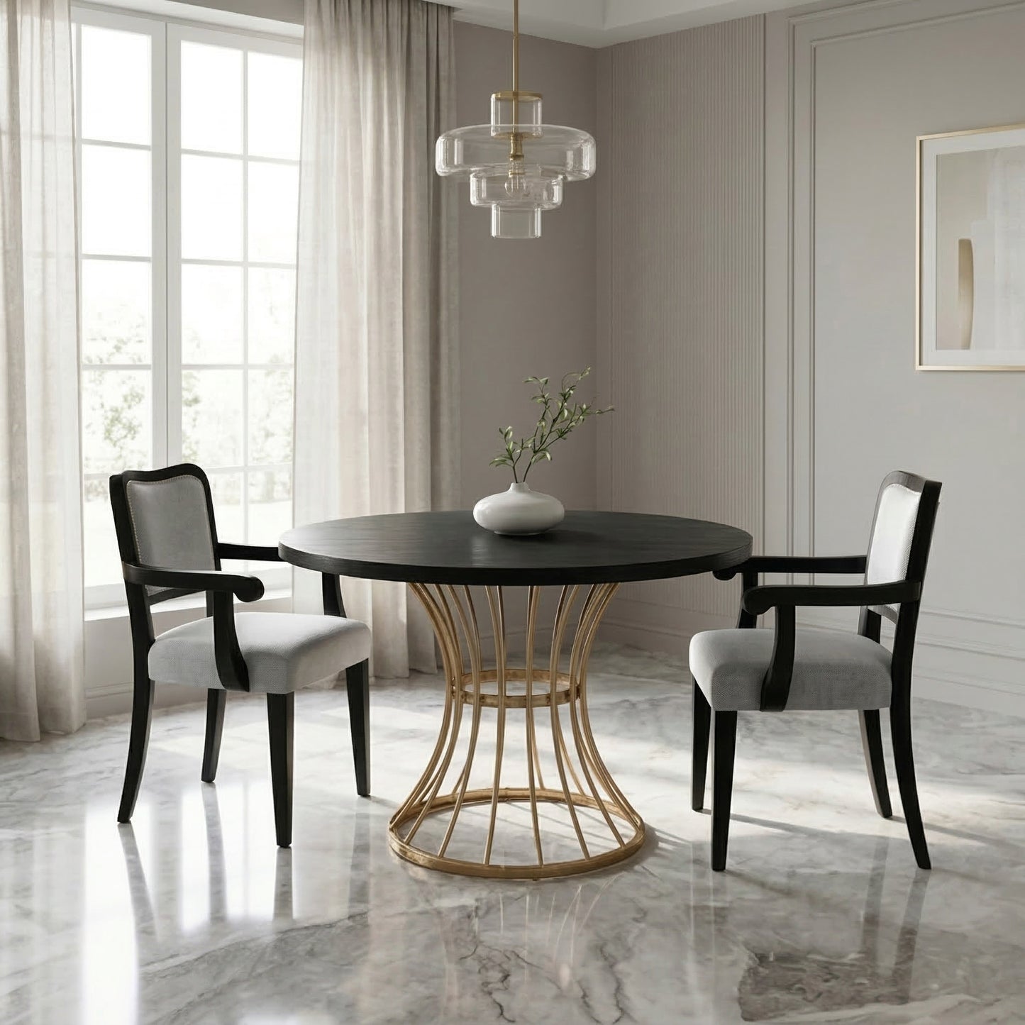 42" Round Dark Oak Dining Set - Table & Chairs, Iron Base for Dining Room