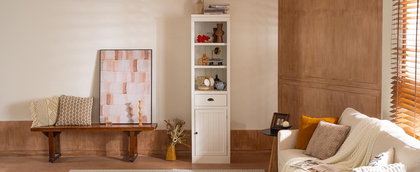 Retro White MDF Bookshelf with Storage Cabinet - 75" Freestanding Display Shelf
