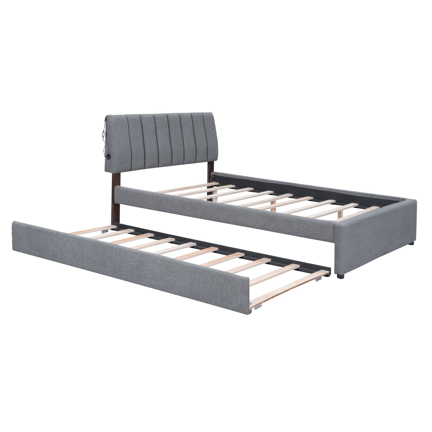 Gray Fleece Upholstered Platform Bed with Trundle - Full Size
