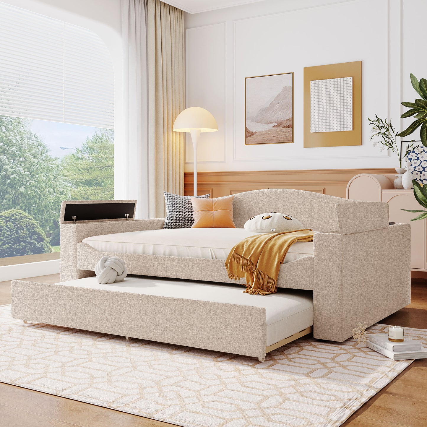 Full Size Upholstered Daybed with Storage Armrests, Trundle and Latest Integrated Bluetooth Audio System, Teddy Fleece, Beige