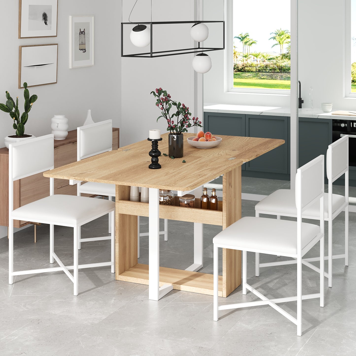 TOPMAX Modern Compact 63inch 5-Piece Extendable Dining Table Set, Foldable Square Kitchen Table Set with Storage Rack and 4 PU Leather Upholstered Dining Chairs for Small Places, White