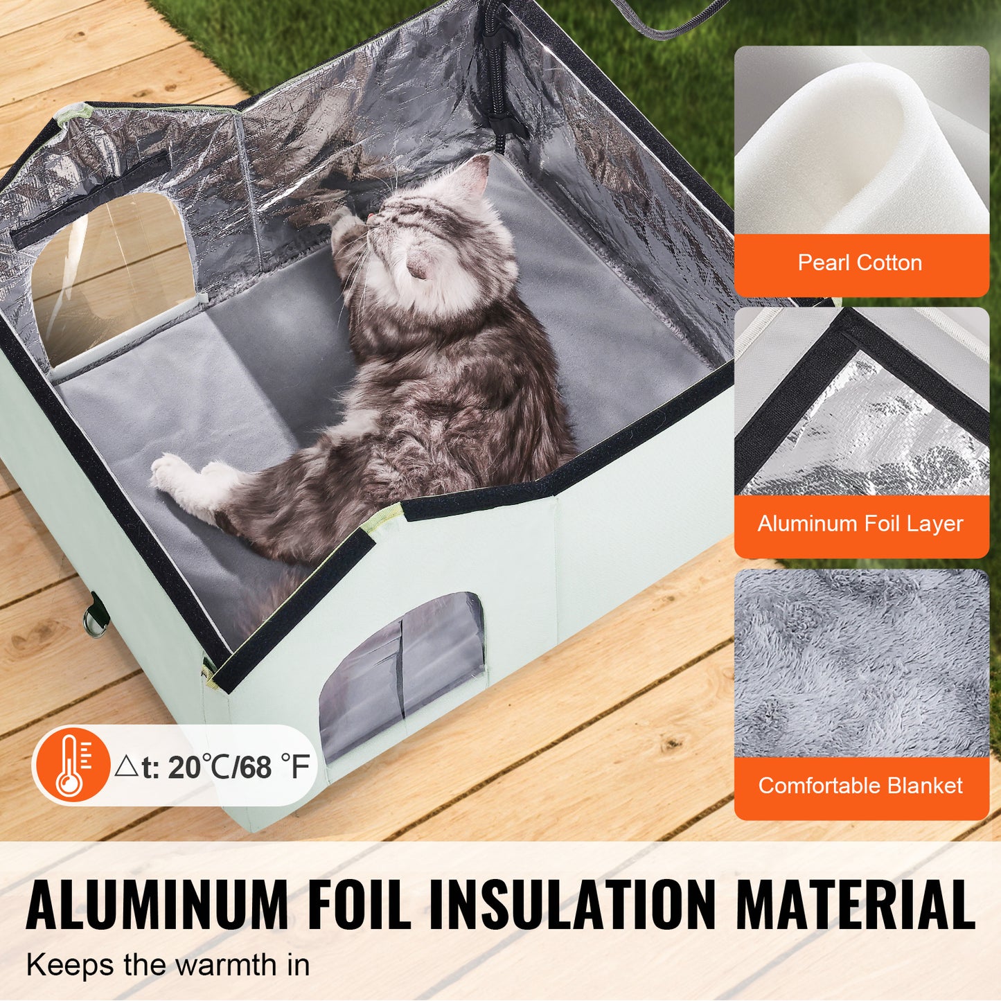 Large 68°F Heated Cat House - PVC Green Pet Bed