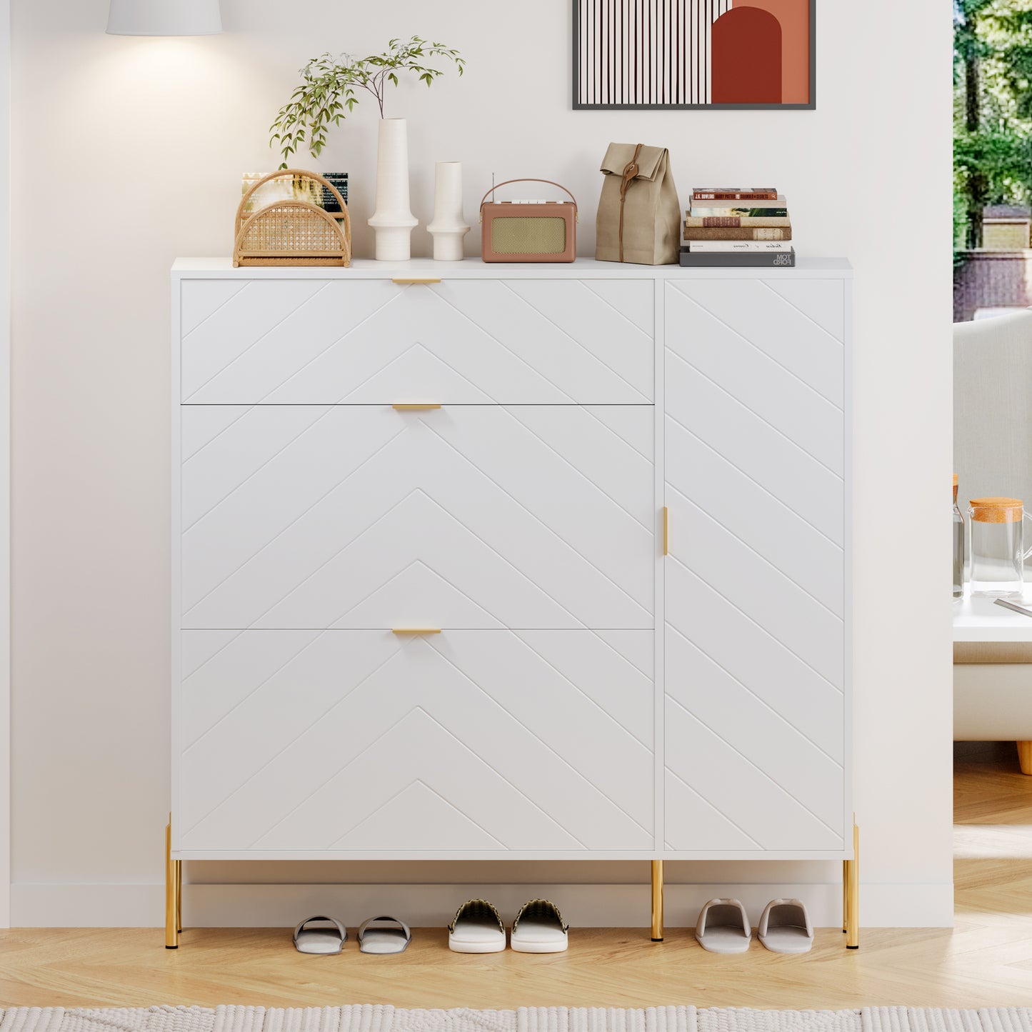 MDF Shoe Storage Cabinet with Flip-up Drawers and Shelves(White)