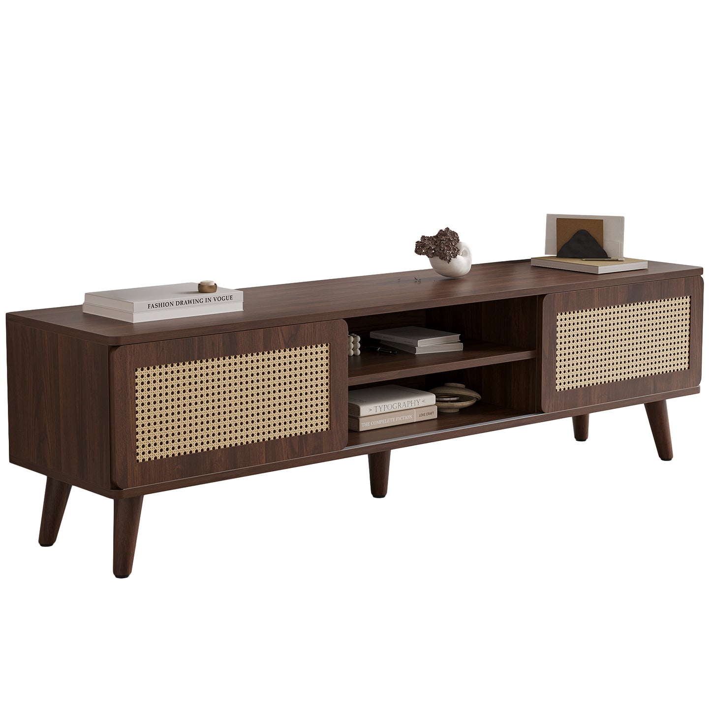 75" Rattan TV Stand, Wood TV Stand with Storage, Mid Century Modern TV Stands for Living Room, Boho Media Console, Entertainment Center with Cable Management