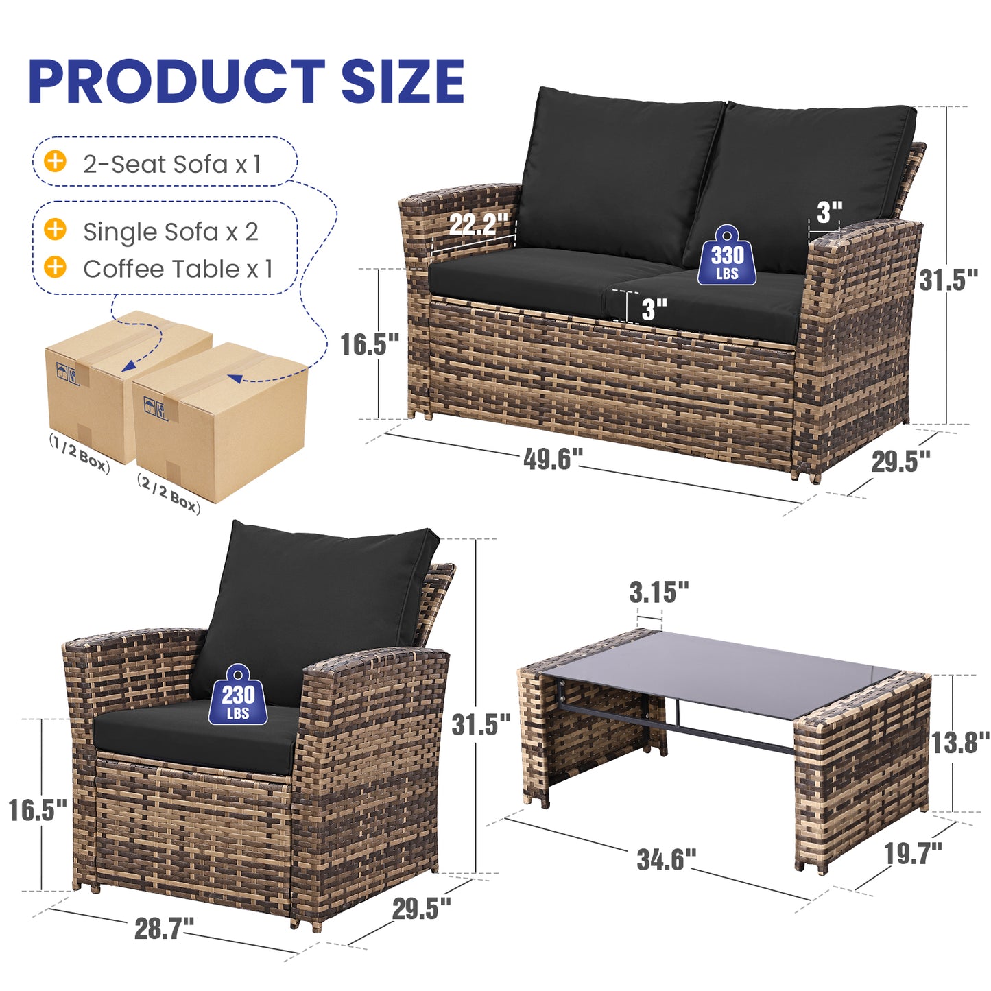 Brown Rattan Patio Sofa Set - 4 Piece Outdoor Furniture