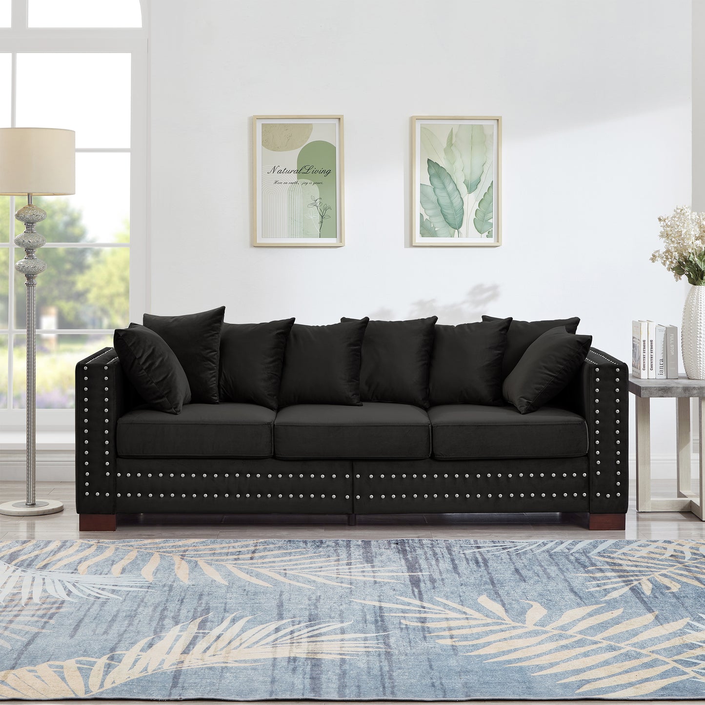 Modern Design Living Room Sofa Square armrest with Silver Nails Decoration Upholstered Velvet Couch Black