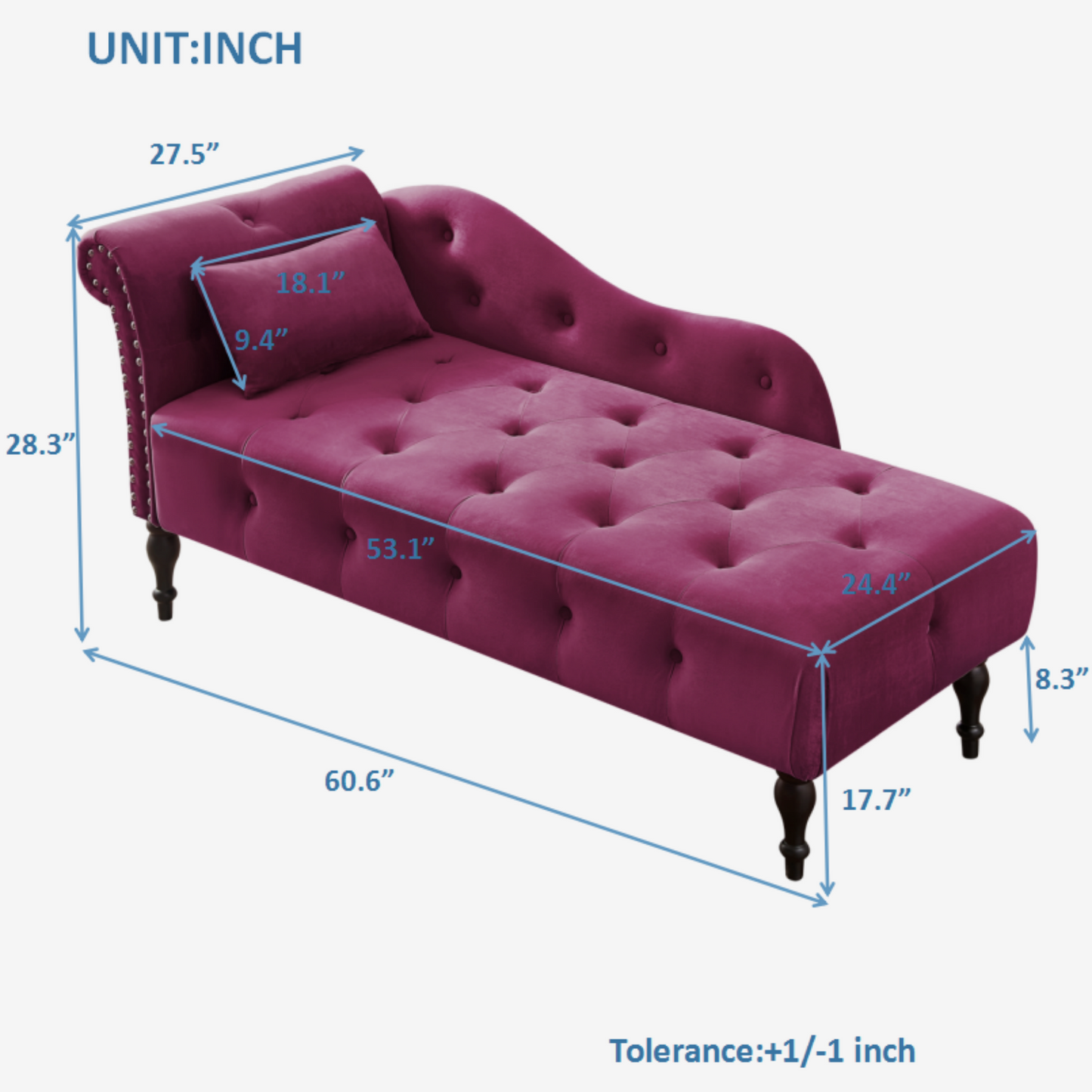 Burgundy Velvet 2 Seat Chaise Lounge Sofa - 60.6"