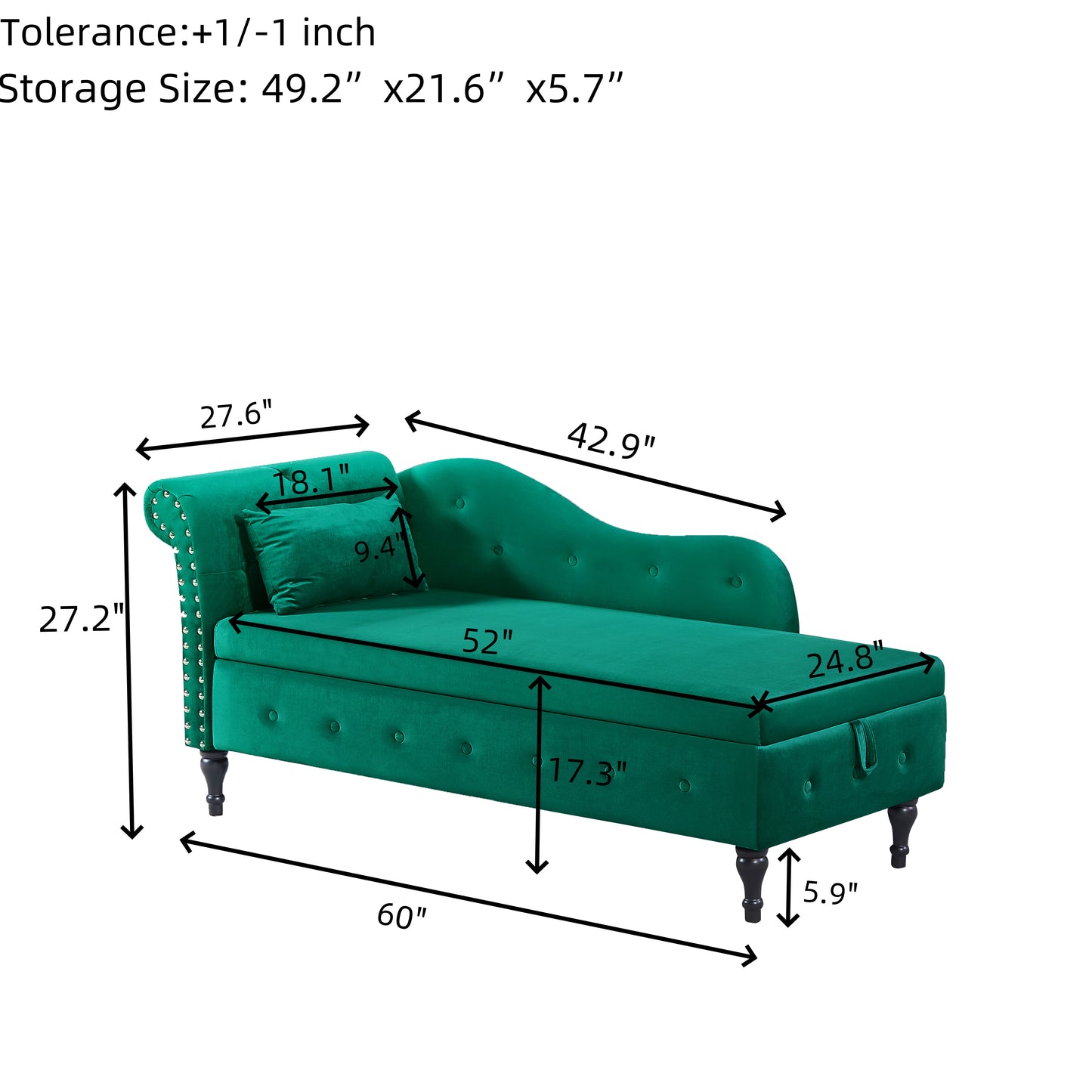 60" Green Velvet Bedroom Chaise Lounge with Storage for Living Room