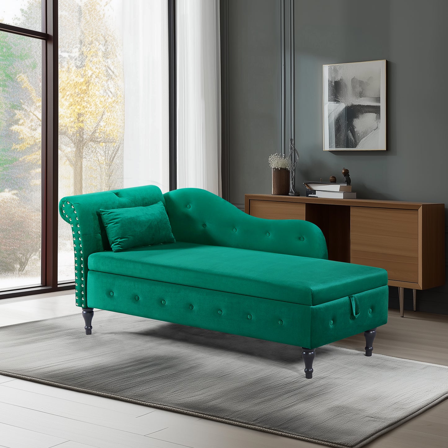 Aijia 60" Velvet Multifunctional Storage Chaise Lounge Buttons Tufted Nailhead Trimmed Solid Wood Legs with 1 Pillow,Green
