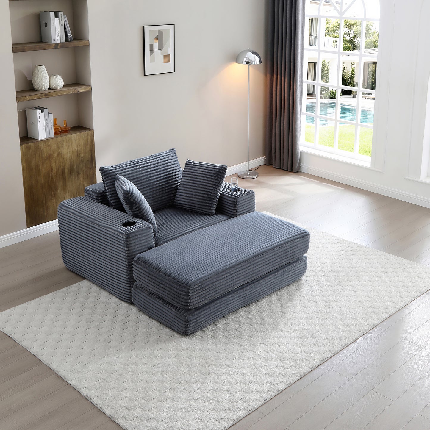 52.4'' Boneless Chaise Lounge Chair Indoor-Oversized Cloud-Like Cozy Comfy Modular 3-in-1 Sofa Bed for Reading, Living Room & Bedroom Corduroy Couch Sleeper,Grey