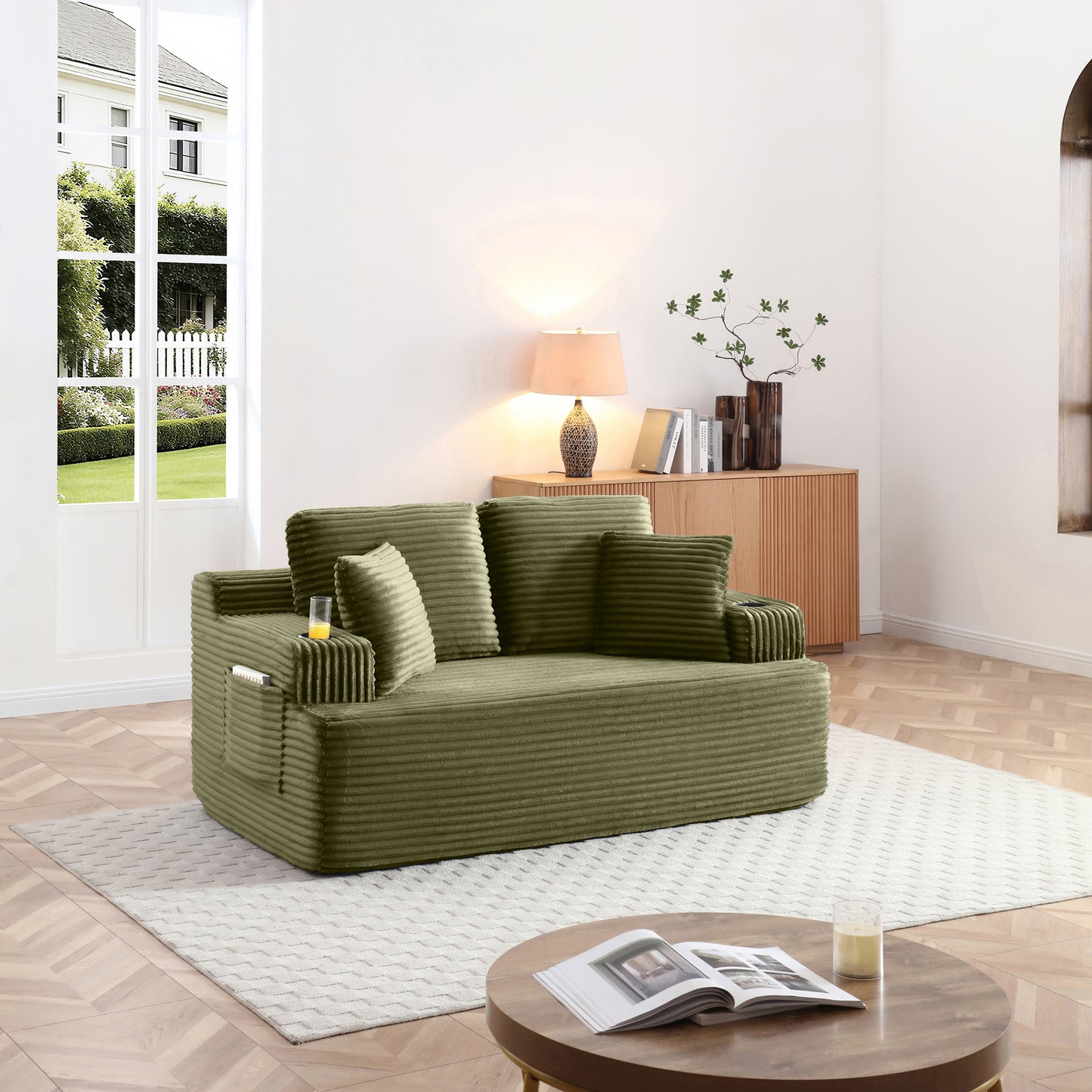 66.5''Boneless Sofa Couch with 2 Pillows Extra , Corduroy Fabric 2 Seater with Cup Holder & Side Pocket Upholstered Floor Easy Installation (Green, 2 Seater)