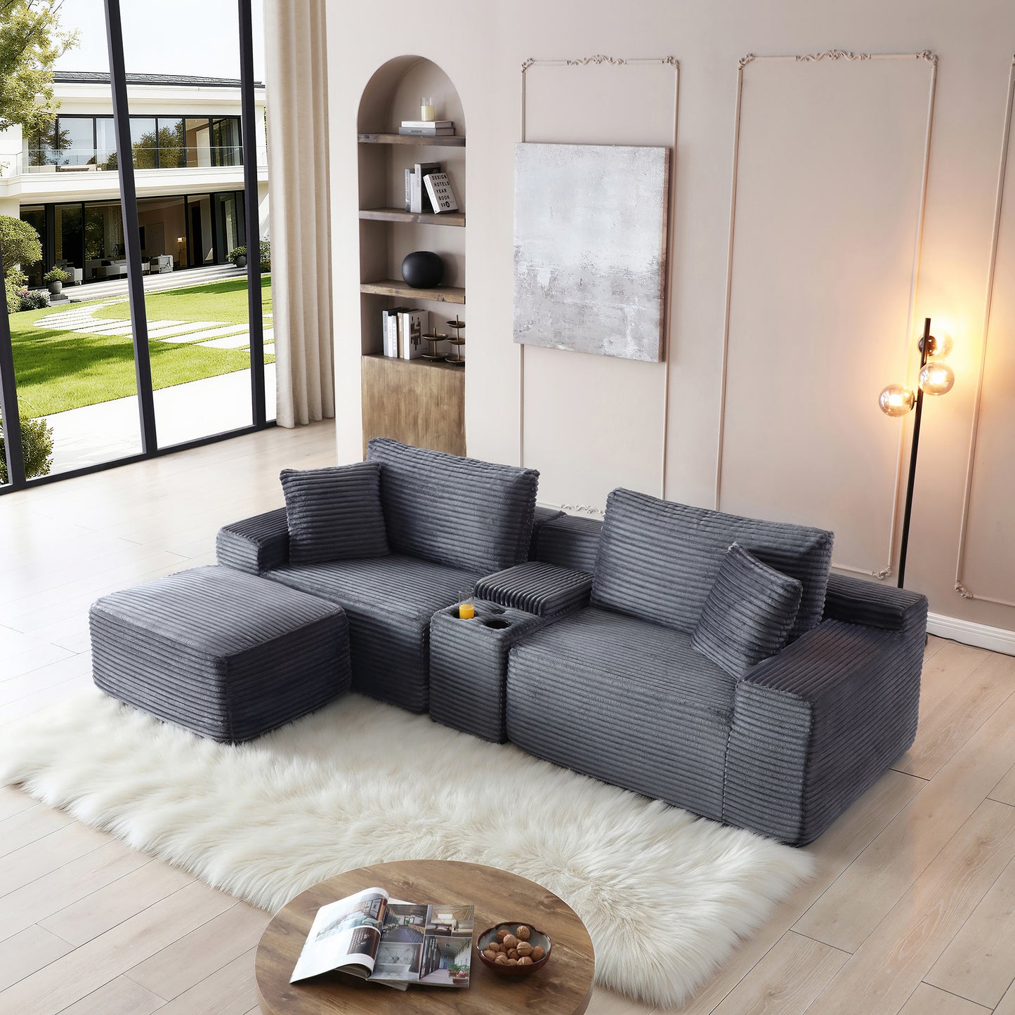 Modular Sectional Sofa, Deep Seat Corduroy Cloud Couch with Cup Holders, USB Ports & Storage Box, Sleeper Sofa Couch Boneless Couches With Movable Ottoman for Living Room, No Assembly Required,Grey