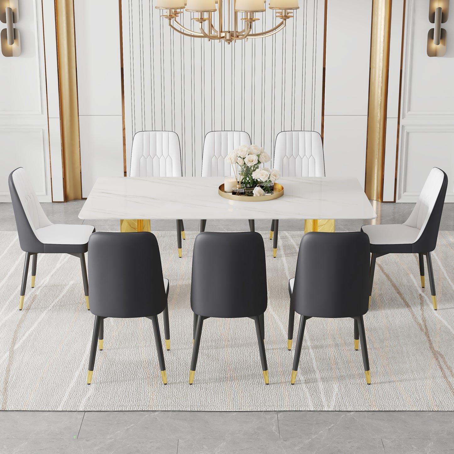 Table and chair set.The table has a glass top with imitation marble pattern stickers and stainless steel golden legs. Paried with 8 White and Dark Gray Spliced Color PU Dining Chairs.W1151S01573