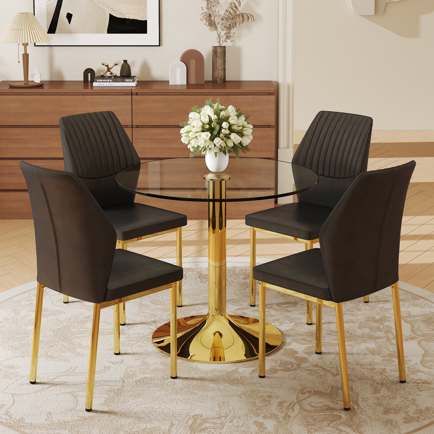 Table and chair set.A 35" Transparent Tempered Glass Round Dining Table-Gold Metal Bracket and Base.Paired with 4 BLACK PU Material High Resilience Dining Chair with Metal Gold Leg.