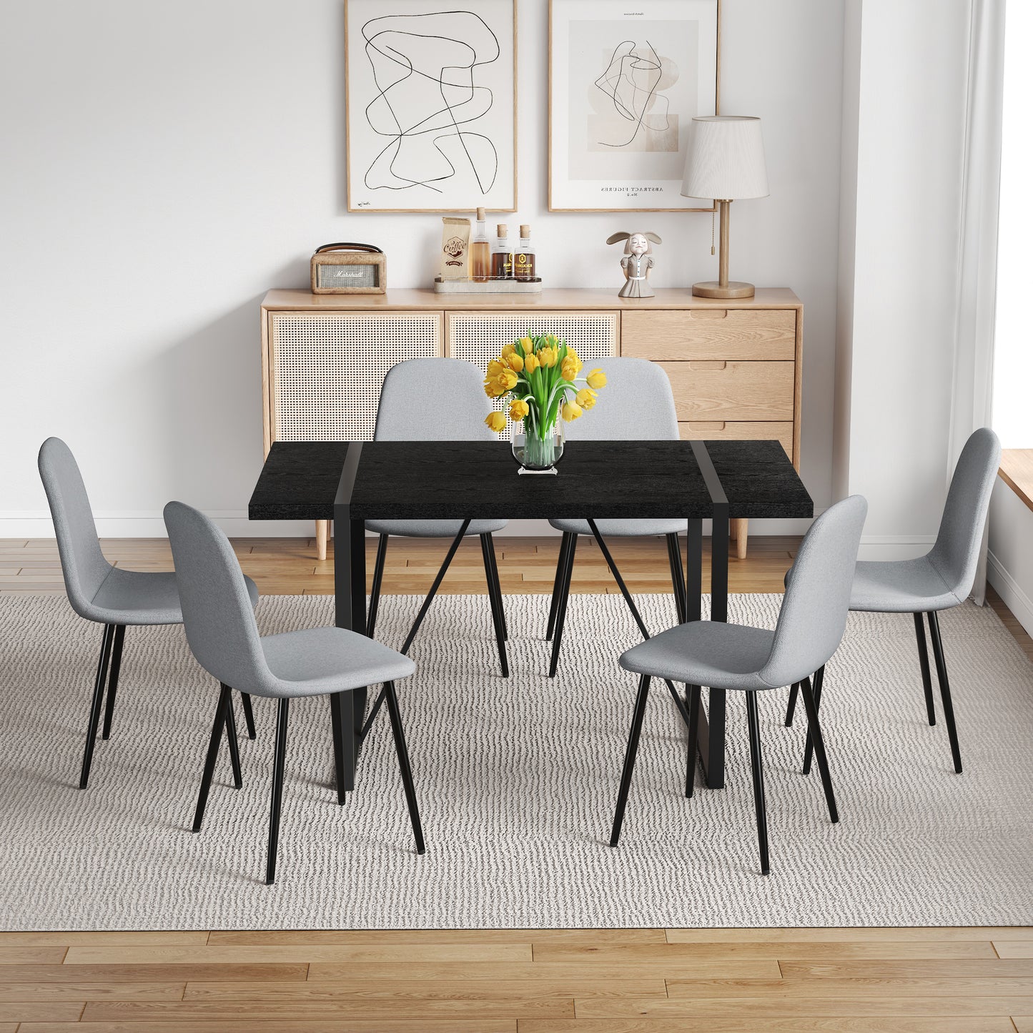 Table and Chair Set. A 55-Inch minimalist retro rectangular dining table with a black textured top.Paired with 6 Light Gray Linen-Cotton Material High Resilience Dining Chair with Metal Leg.