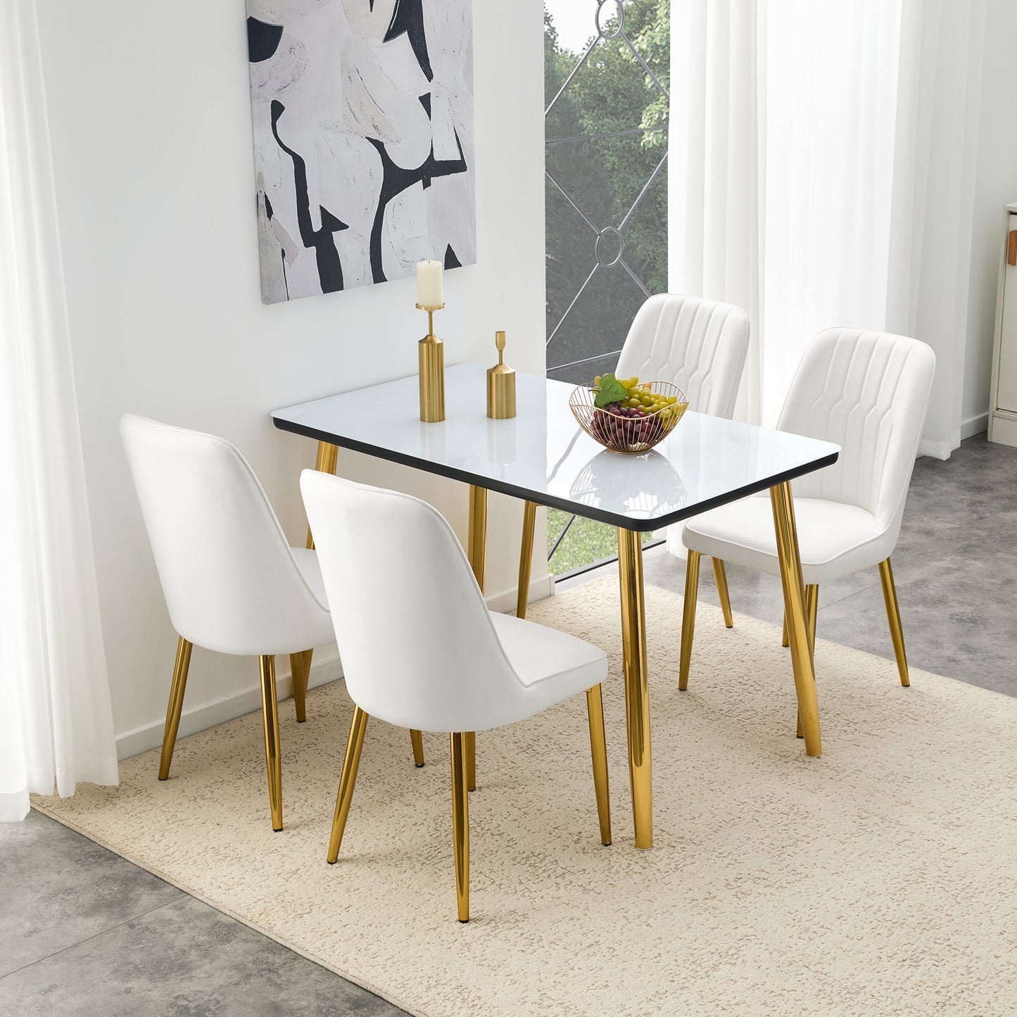 Table and chair set.Table and chair set.White imitation marble texture glass top + lower black MDF board,silver metal legs.Paired with 4 WHITE chairs with PU artificial leather backrest cushions.