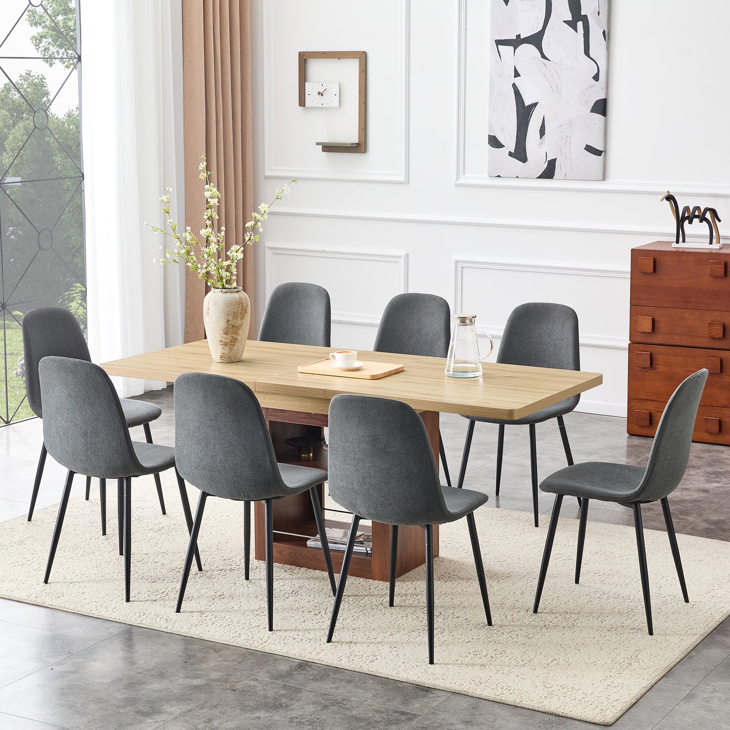 Scalable dining table and chair set, 59-71 inch pull-out table, 8-piece set of Dark Gray Linen-Cotton Material chairs, modern light luxury restaurant furniture.Suitable for restaurants, kitchens, etc.