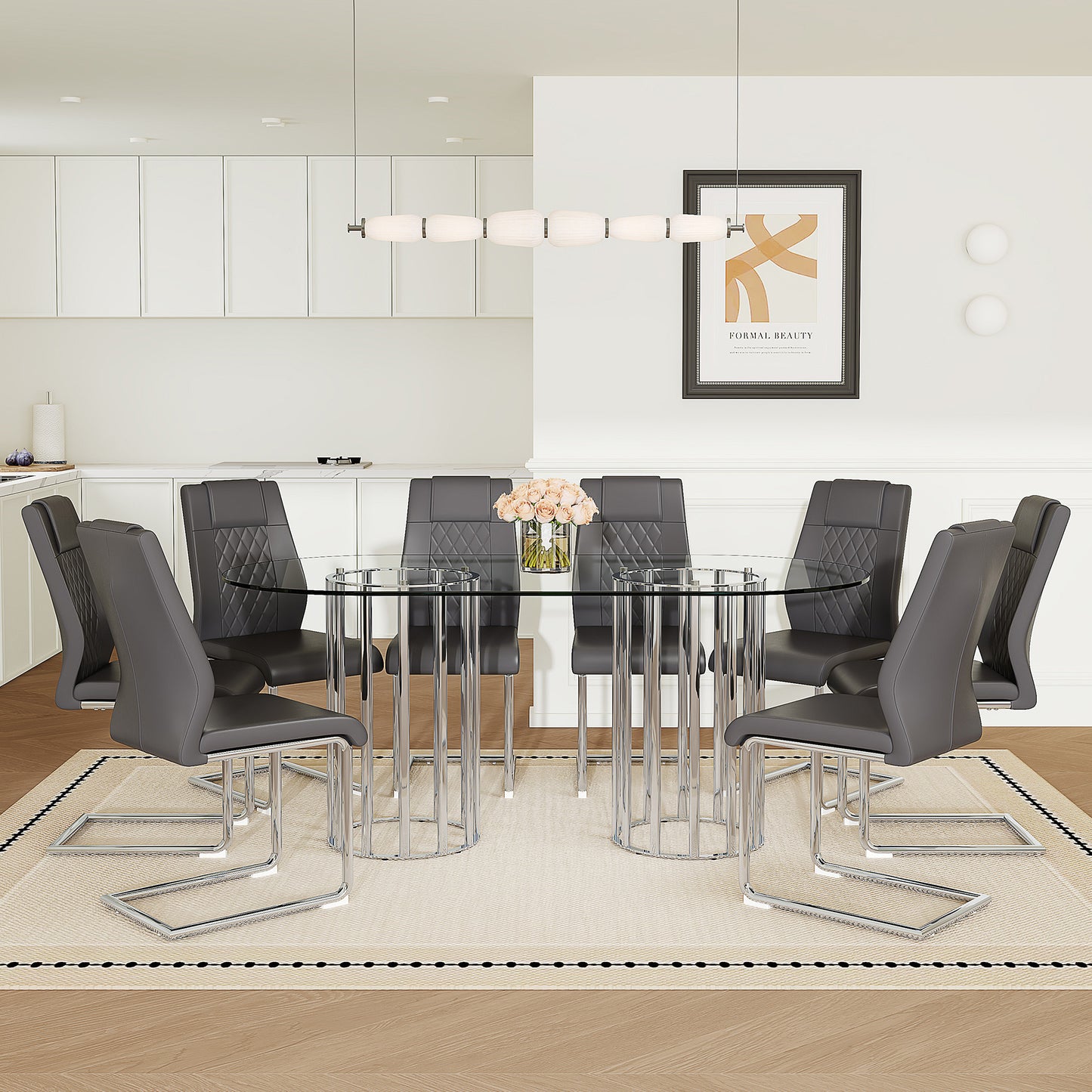 Table and chair set.71 inch oval tempered glass dining table, silver double column light luxury style,Dark Gray PU Chairs With Silver Arched Metal Legs, Modern Table & 8 Seater Furniture Set.