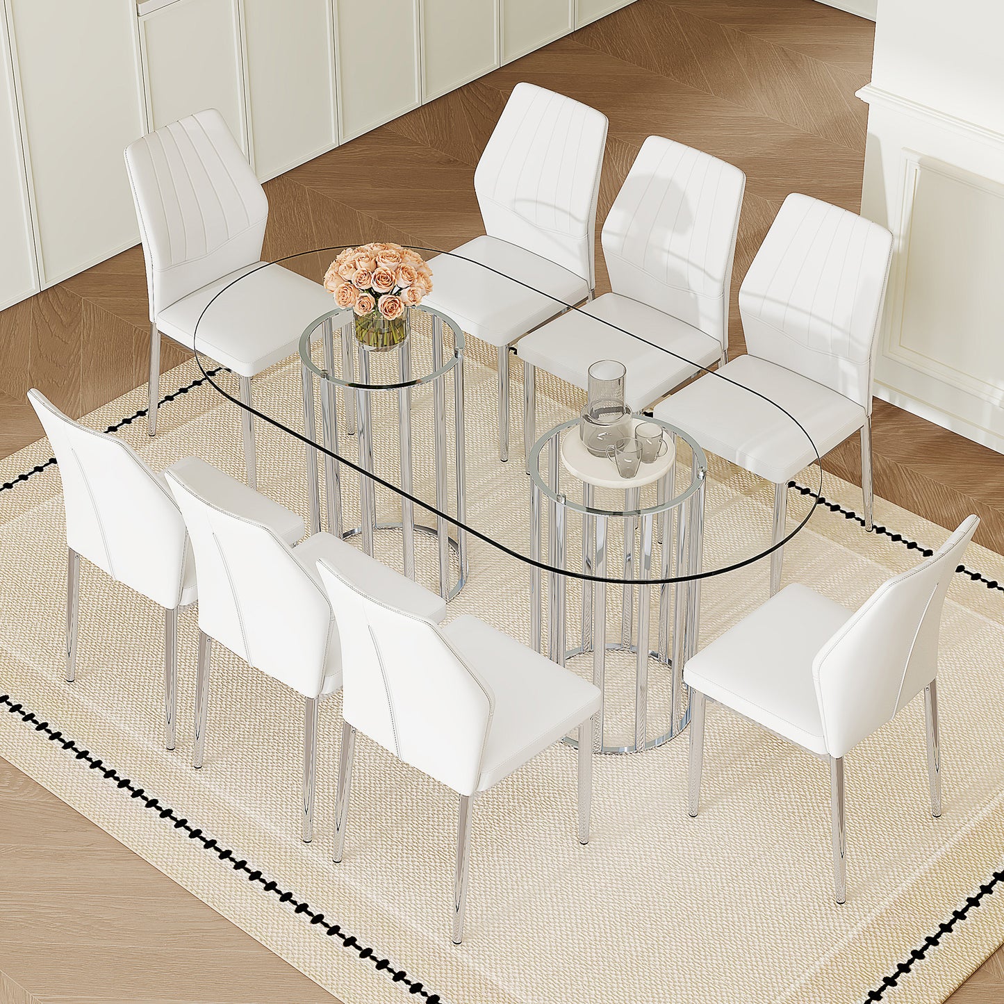 Table and chair set.71 inch oval tempered glass dining table,silver double column light luxury style. Paired with 8 White PU Chairs with silver legs. 37 inches High: Ergonomic PU Backrest.