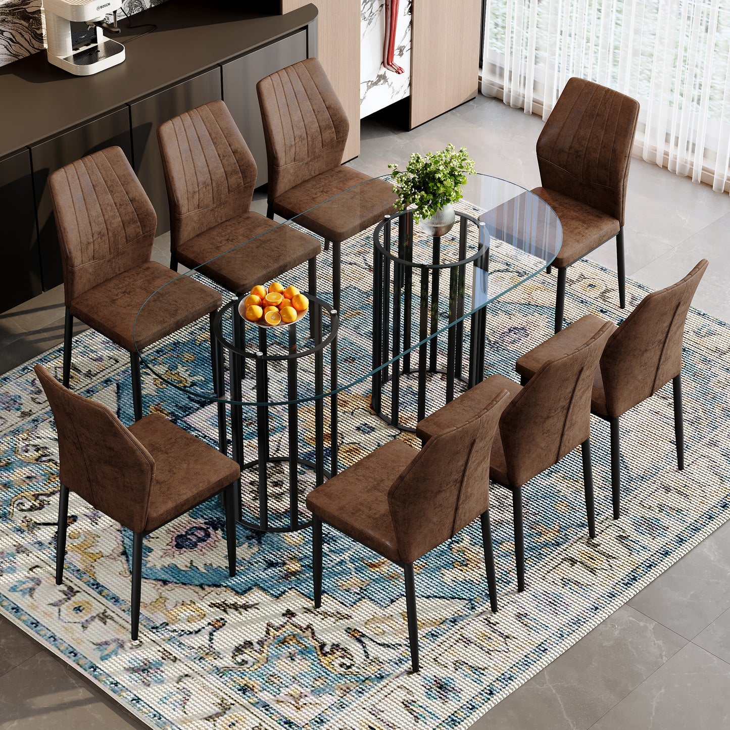 Table and chair set.71 inch oval tempered glass dining table,black double column light luxury style.Paired With 8 Comfortable Technology-Fabric Brown Chairs With Black Metal Legs.