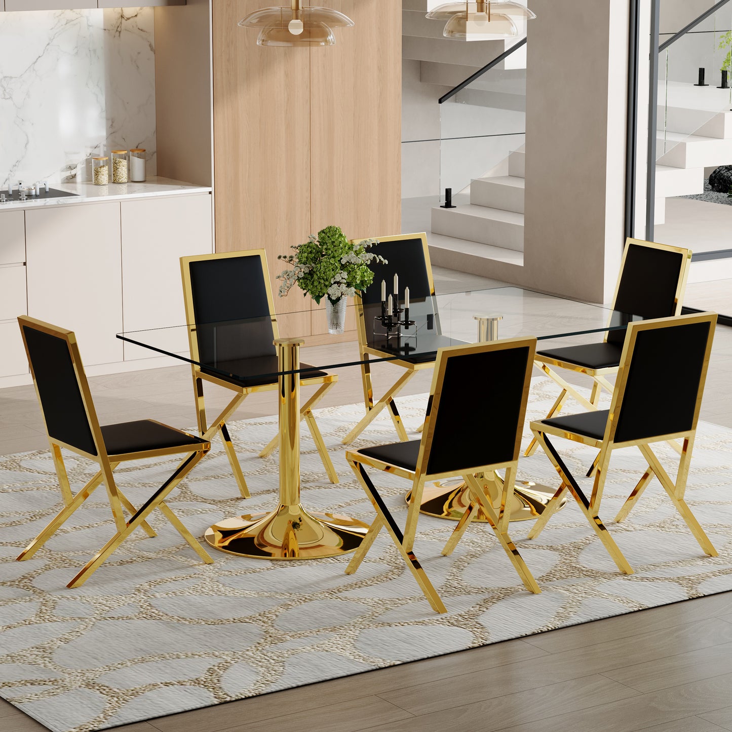 Table and chair set.71 x 35.4-inch tempered glass table,6 golden metal framed black PU dining chairs. Modern Kitchen Table & 6 Seater Dining Room Furniture Set for Family Gatherings.