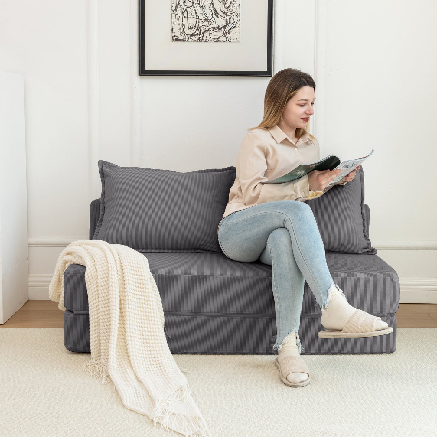 Foldable Sofa Bed Sleeper Lounge Chair with Pillow Floor Mattress Floor Couch with Backrest for Living Room/Dorm/Guest Room/Home Office, Twin