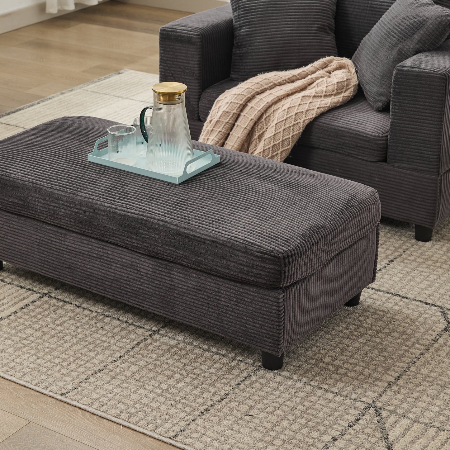 Dark Gray Corduroy Chaise Lounge Chair with Ottoman for Living Room