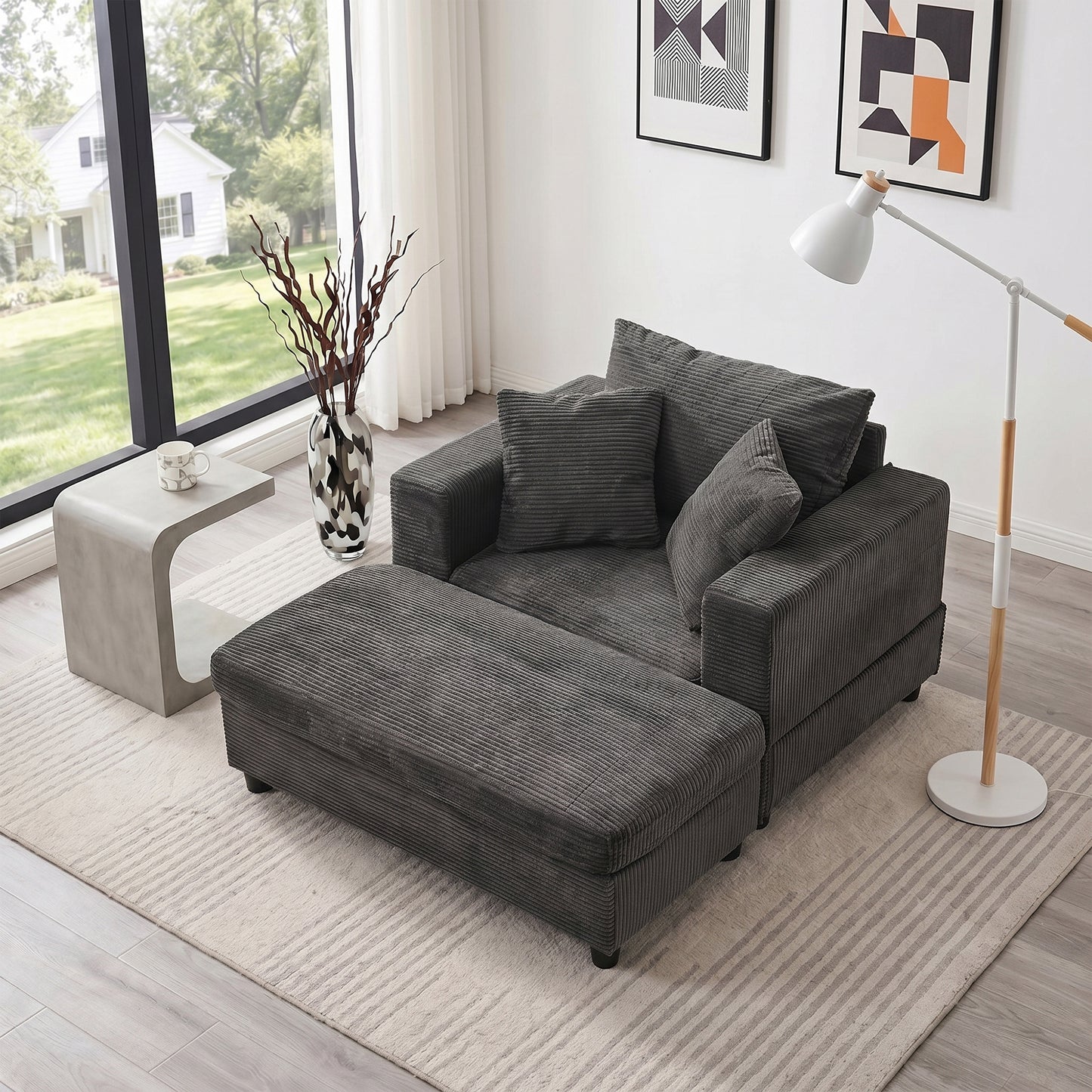 Chaise Lounge Chair with Removable Ottoman Accent Sofa Bed Upholstered Sleeper Couch Bed with Pillows, Modern Deep Seat Upholstered Armchair for Living Room, Bedroom