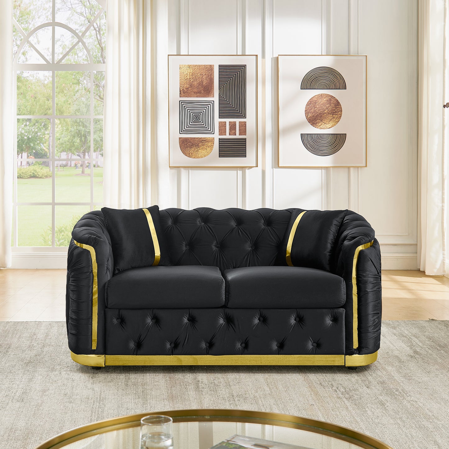62.6 Inches Mid Century Modern Chesterfield Loveseat Couch, Luxury Velvet Black and Gold Couch for Living Room Tufted Sofa with Stainless Steel Decoration & 2 Pillows, Black
